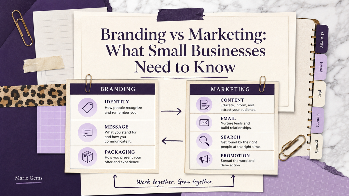 Branding vs Marketing: What Small Businesses Need to Know — Marie Gems purple bullet journal blog featured image
