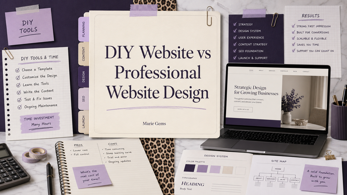 DIY Website vs Professional Website Design — Marie Gems purple bullet journal blog featured image