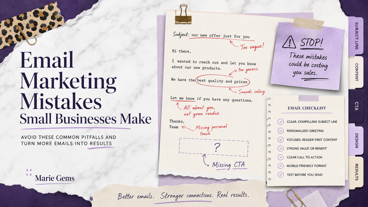 Email Marketing Mistakes Small Businesses Make — Marie Gems purple bullet journal blog featured image