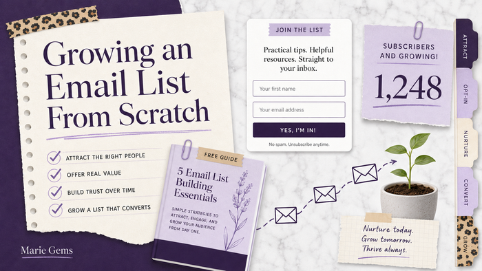 Growing an Email List From Scratch — Marie Gems purple bullet journal blog featured image