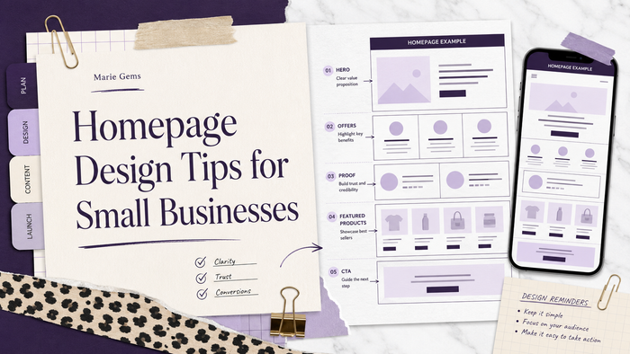 Homepage Design Tips for Small Businesses — Marie Gems purple bullet journal blog featured image