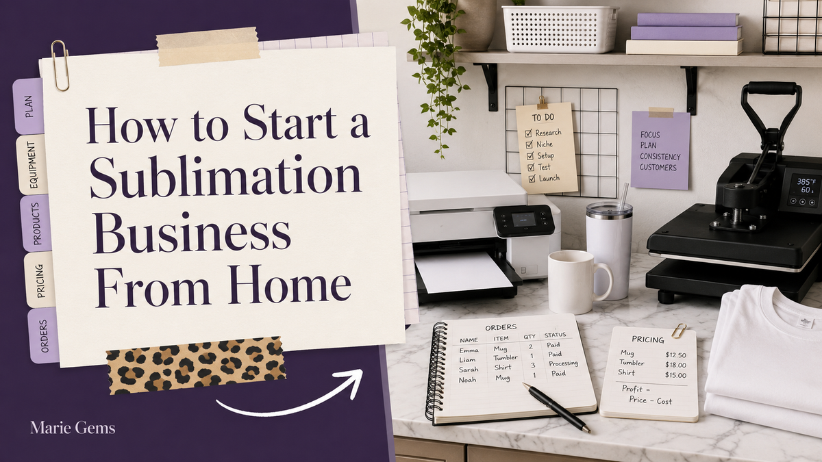 How to Start a Sublimation Business From Home — Marie Gems purple bullet journal blog featured image