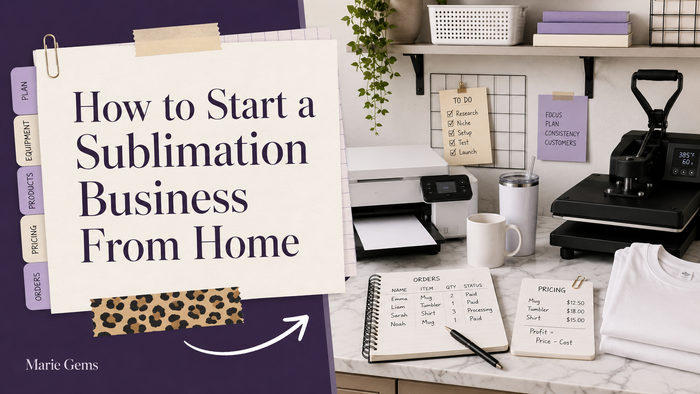 How to Start a Sublimation Business From Home — Marie Gems purple bullet journal blog featured image