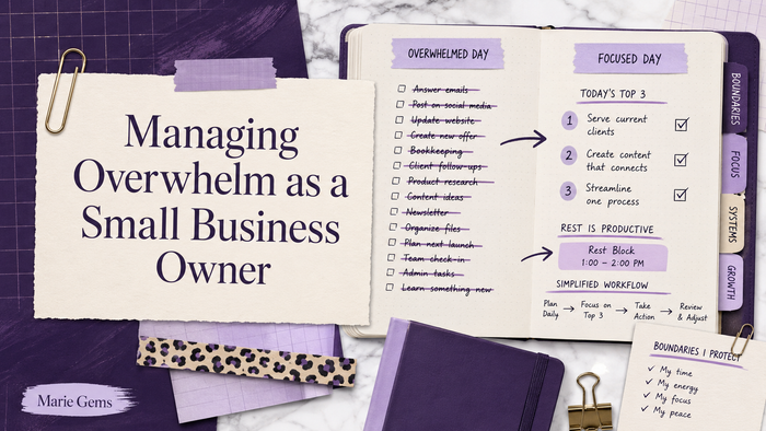 Managing Overwhelm as a Small Business Owner — Marie Gems purple bullet journal blog featured image
