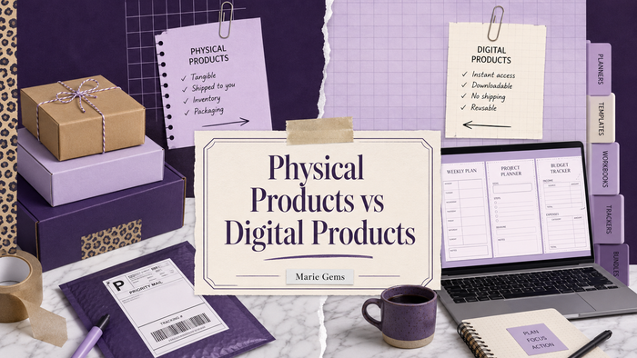 Physical Products vs Digital Products — Marie Gems purple bullet journal blog featured image