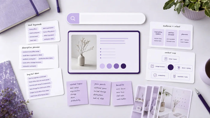 Editorial visual for Pinterest Keyword Research with topic-specific Pinterest search and strategy elements