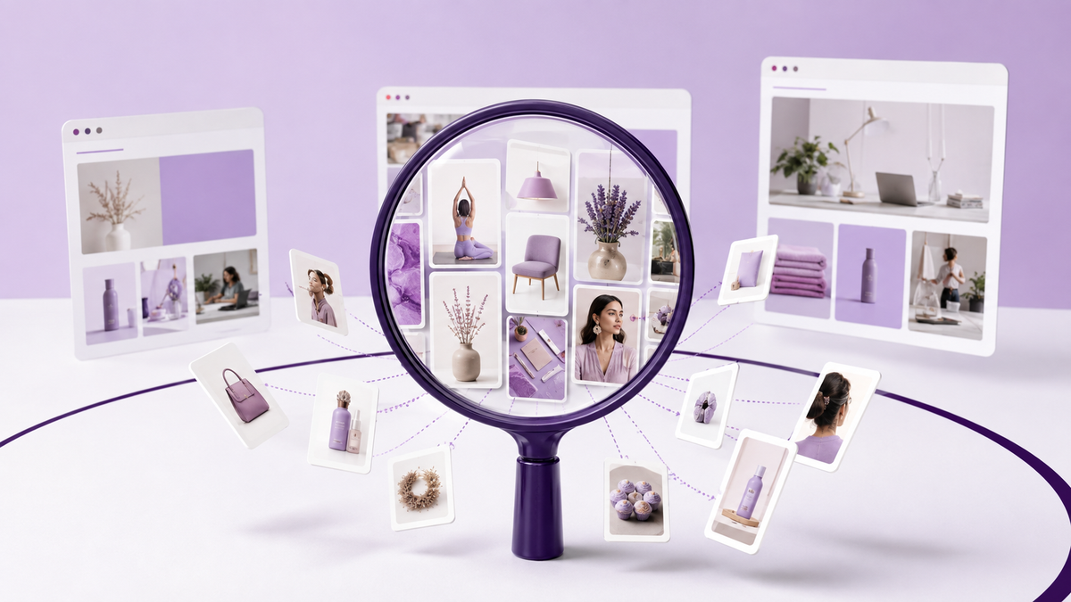 Magnifying glass revealing Pinterest-style discovery cards connected to small-business website destinations
