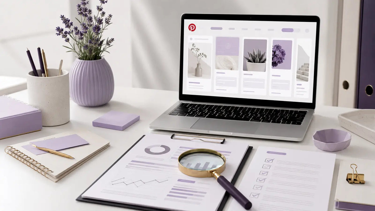 Pinterest SEO audit workspace with a laptop, audit report, magnifying glass, keyword notes, and checklist