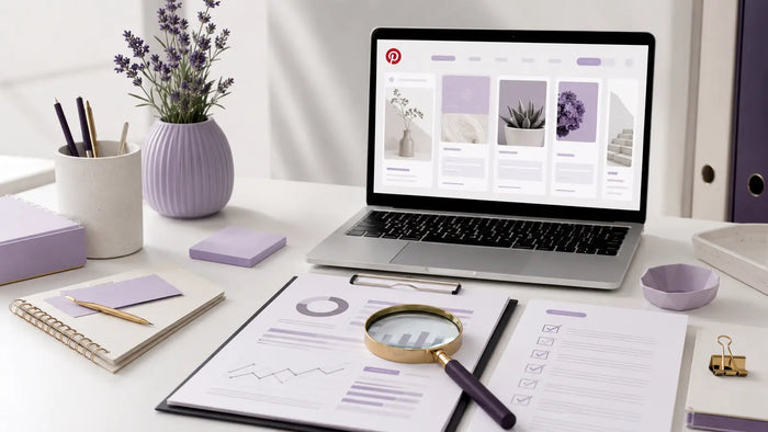 Pinterest SEO audit workspace with a laptop, audit report, magnifying glass, keyword notes, and checklist