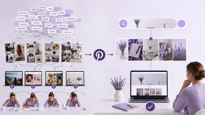 Editorial visual for Pinterest SEO Mistakes with topic-specific Pinterest search and strategy elements