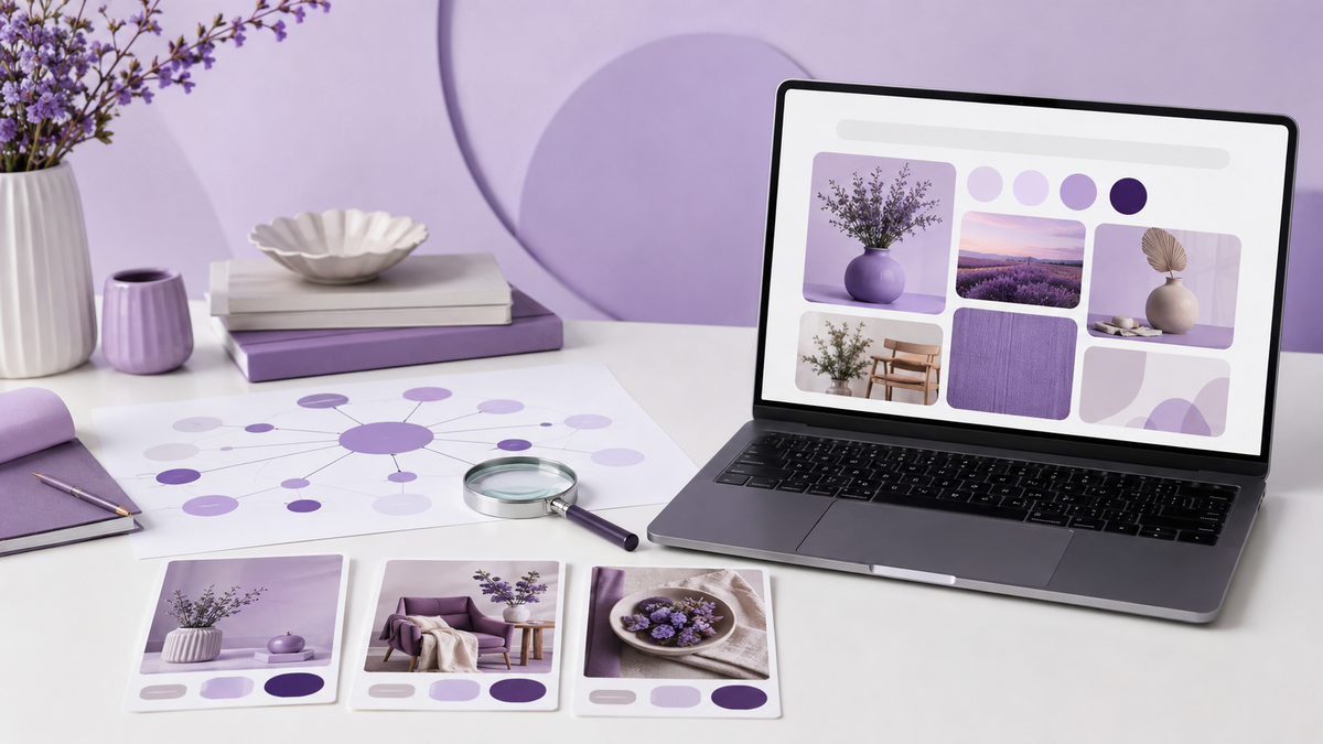 Laptop, keyword map, and Pinterest-style content cards illustrating a search-focused Pinterest SEO strategy