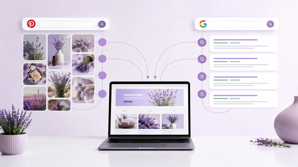 Editorial visual for Pinterest SEO and Google SEO with topic-specific Pinterest search and strategy elements