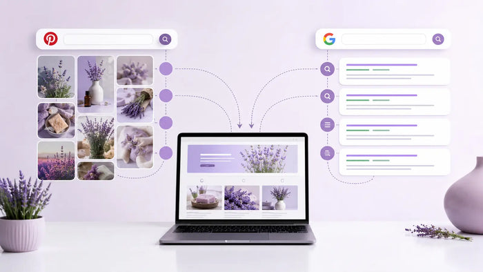 Editorial visual for Pinterest SEO and Google SEO with topic-specific Pinterest search and strategy elements