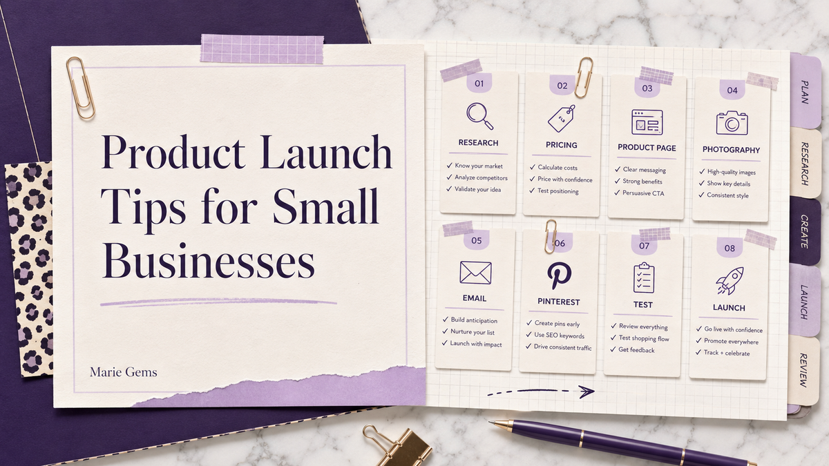 Product Launch Tips for Small Businesses — Marie Gems purple bullet journal blog featured image