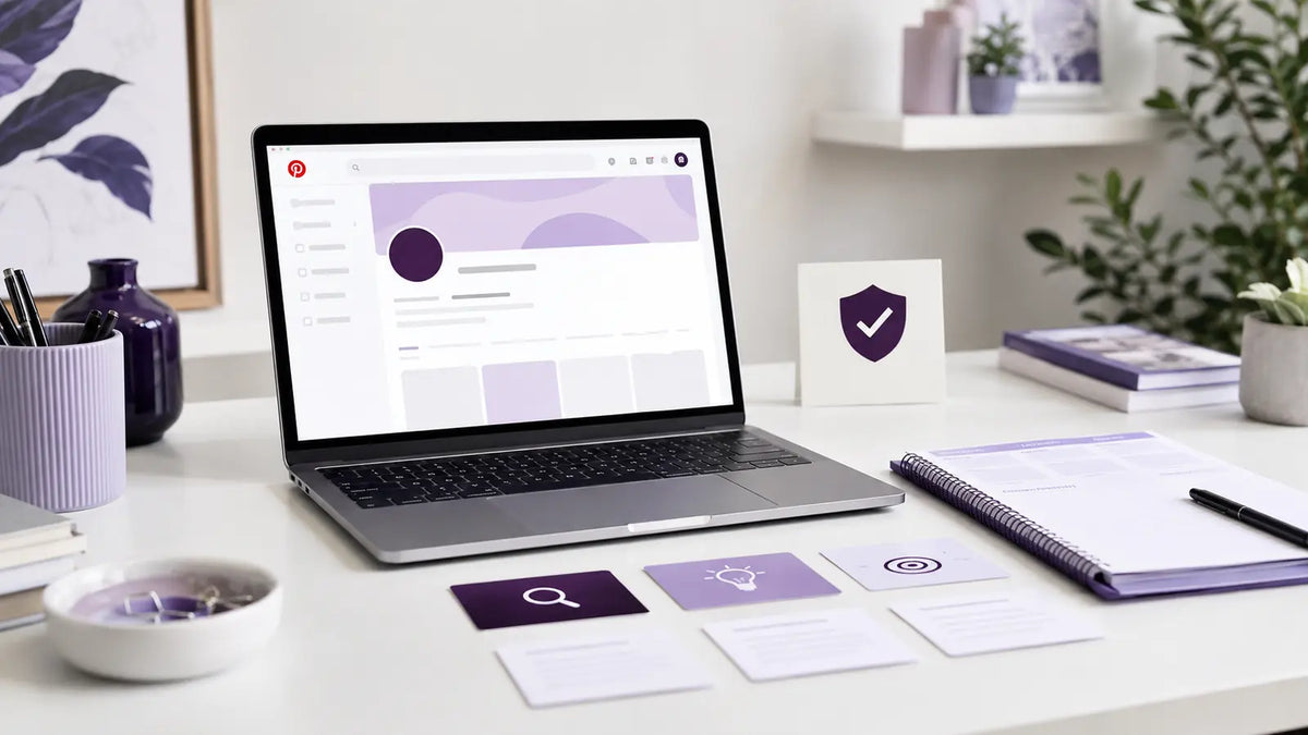 Pinterest business account setup workspace with profile planning, website verification, and content strategy materials