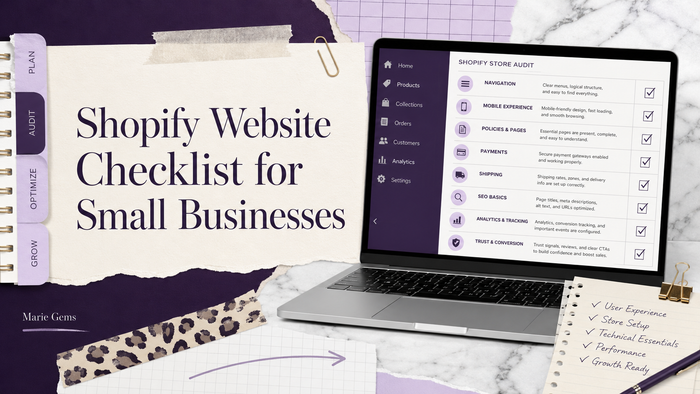 Shopify Website Checklist for Small Businesses — Marie Gems purple bullet journal blog featured image