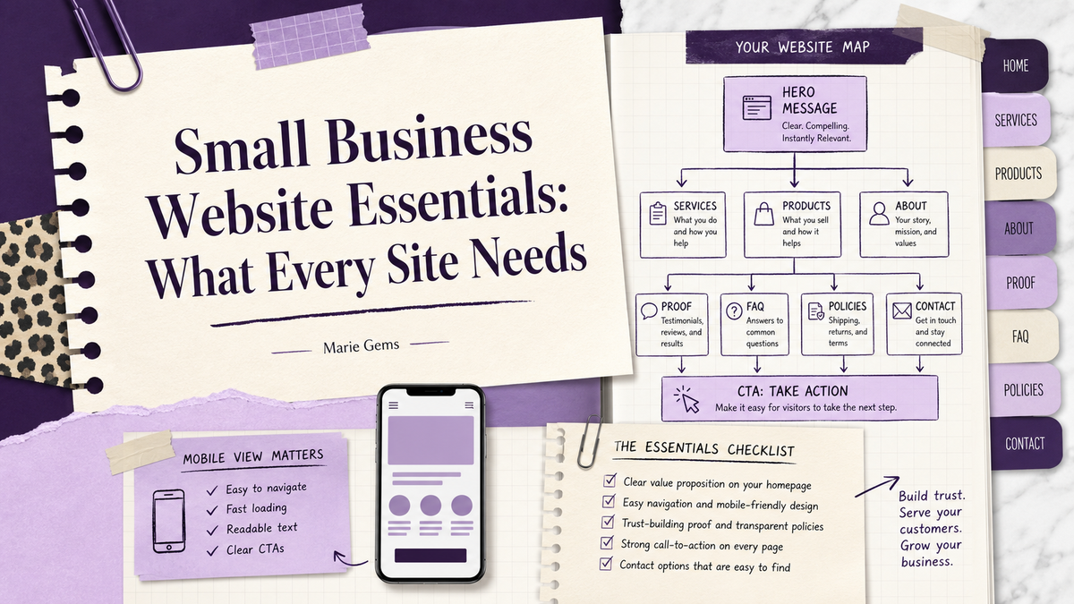 Small Business Website Essentials: What Every Site Needs — Marie Gems purple bullet journal blog featured image