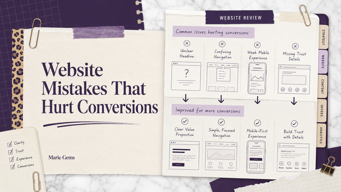 Website Mistakes That Hurt Conversions — Marie Gems purple bullet journal blog featured image
