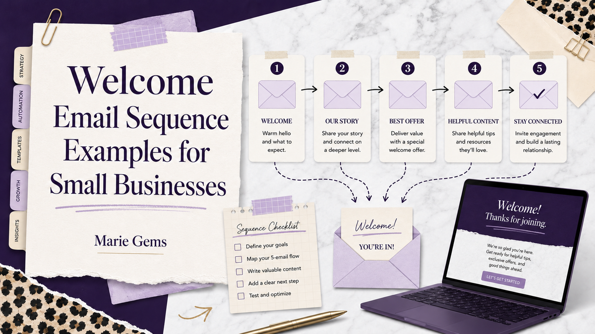 Welcome Email Sequence Examples for Small Businesses — Marie Gems purple bullet journal blog featured image