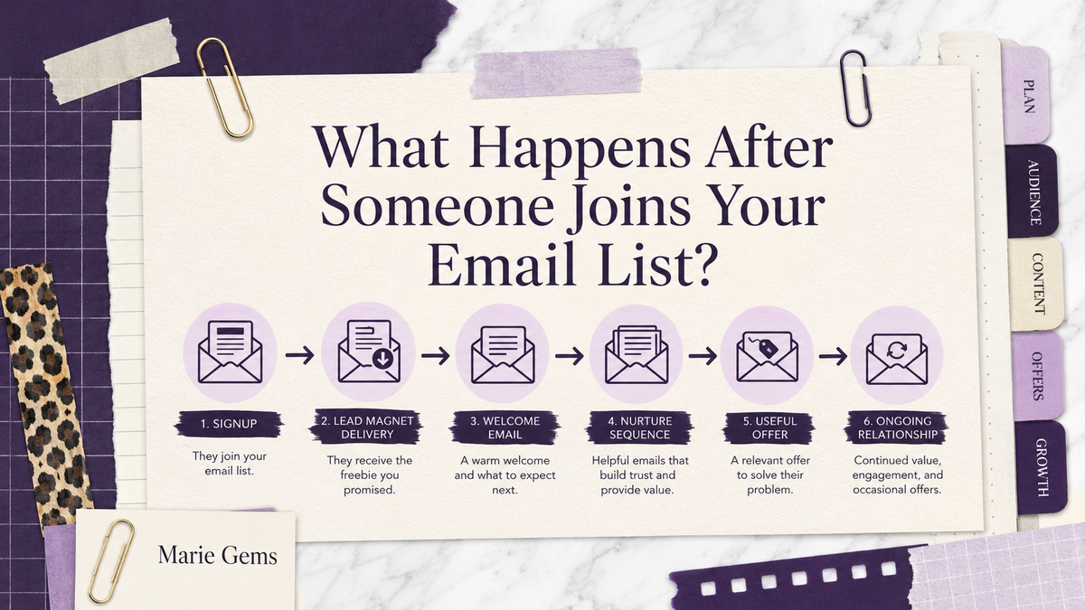 What happens after someone joins your email list — Marie Gems email marketing guide featured image