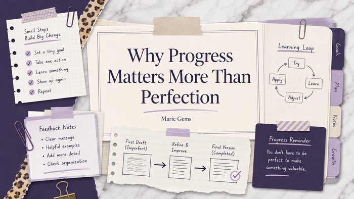 Why Progress Matters More Than Perfection — Marie Gems purple bullet journal blog featured image